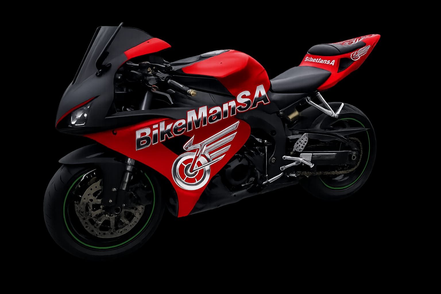 A red and black BikeManSA superbike